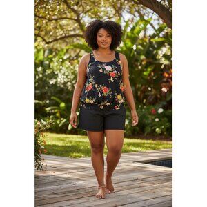 Meet Curve 2XL Black Floral Swim Tankini Top Plus Size Romantic Racerback Beach